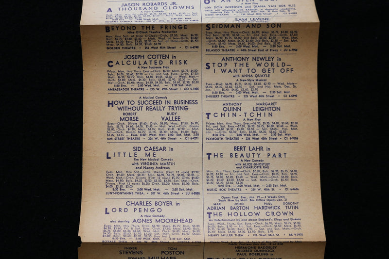 1960'S EMERGENCY BROADWAY THEATRE DIRECTORY - ZERO MOSTEL - UTA HAGEN - K 1904