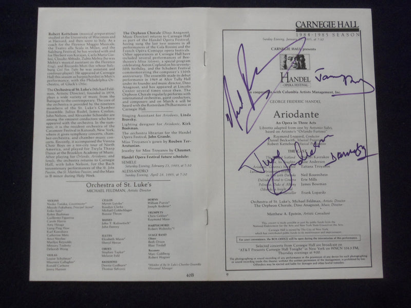 1985 JAN 27 ARIODANTE SIGNED PROGRAM - DIMITRI KAVRAKOS-JUNE ANDERSON + 2 OTHERS