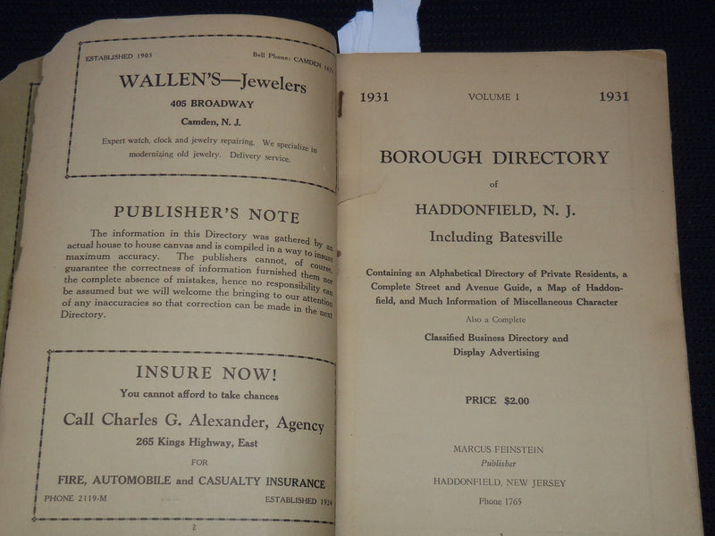 1931 BOROUGH DIRECTORY OF HADDONFIELD NEW JERSEY VOLUME 1 - J 8070