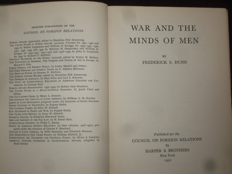 1950 WAR OF THE MINDS OF MEN HARDCOVER BOOK BY FREDERICK S. DUNN - KD 9266