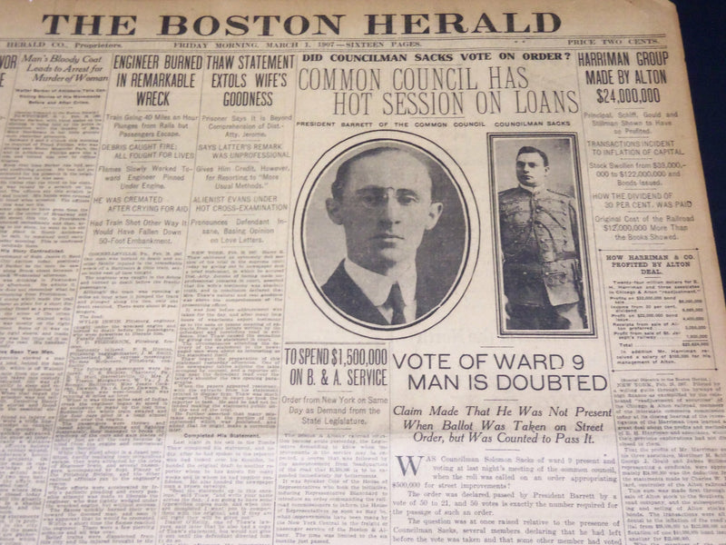 1907 MARCH 1 THE BOSTON HERALD - DID COUNCILMAN SACKS VOTE ON ORDER - BH 389