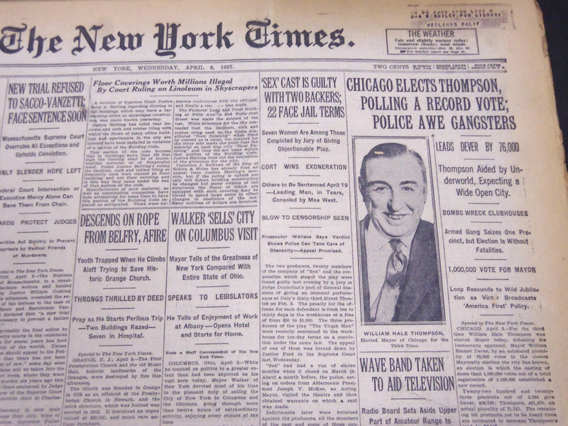 1927 APRIL 6 NEW YORK TIMES - CHICAGO ELECTS THOMPSON IN RECORD VOTE - NT 5295