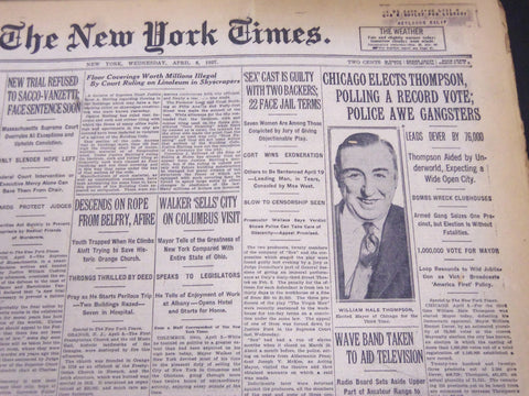 1927 APRIL 6 NEW YORK TIMES - CHICAGO ELECTS THOMPSON IN RECORD VOTE - NT 5295