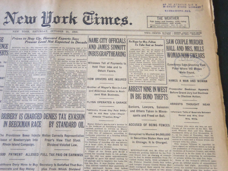 1922 OCTOBER 21 NEW YORK TIMES - SAW COUPLE MURDER HALL & MRS. MILLS - NT 5809