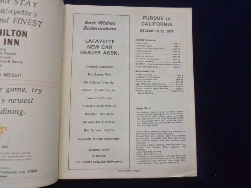 1975 DEC 22 COLLEGE BASKETBALL PROGRAM-PURDUE UNIV VS. UNIV. CALIFORNIA-SP 1533N