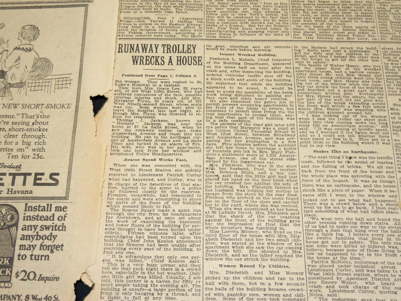 1923 JUNE 8 NEW YORK TIMES - RUNAWAY TROLLEY WRECKS HOUSE KILLS GIRL - NT 8660