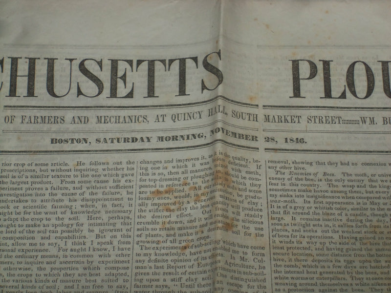 1846 NOVEMBER 28 MASSACHUSETTS PLOUGHMAN NEWSPAPER- AEROLITES- DR. WALL- NP 5137