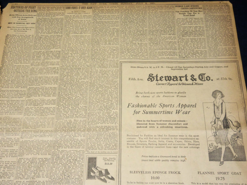 1921 JULY 3 NEW YORK TIMES - DEMPSEY KNOCKS OUT CARPENTIER IN 4TH ROUND- NT 8694