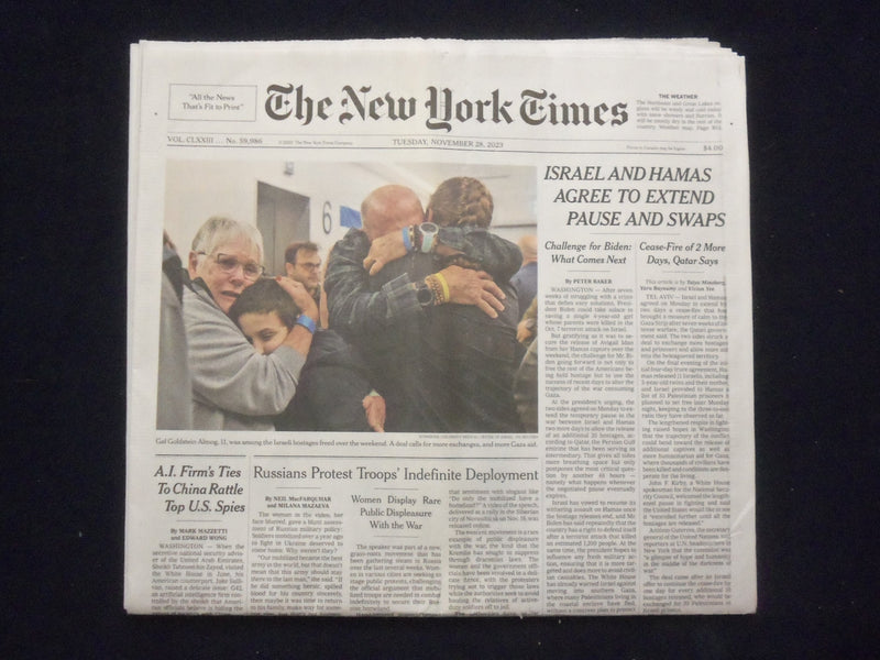 2023 NOVEMBER 28 NEW YORK TIMES - ISRAEL AND HAMAS EXTEND PAUSE AND SWAPS