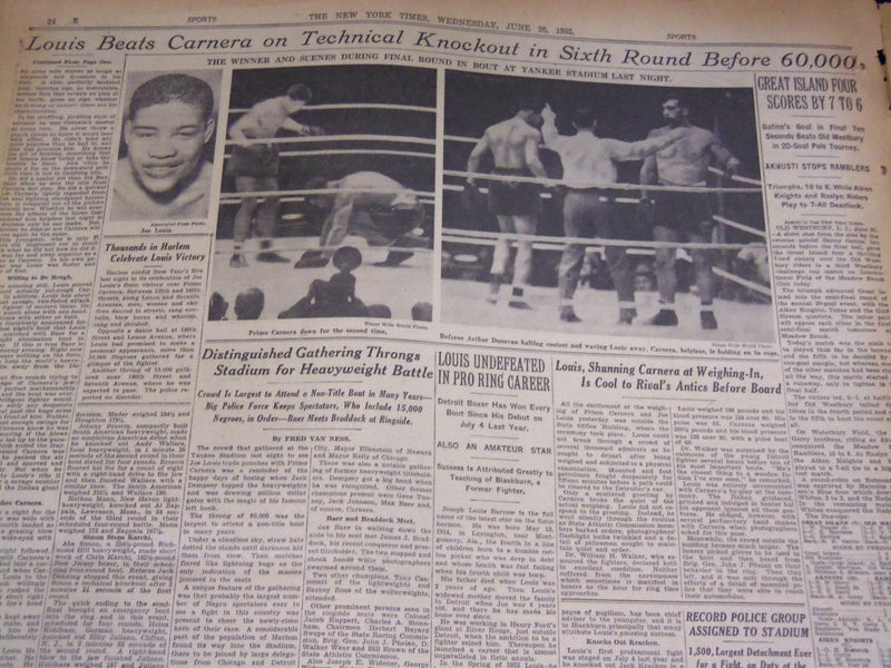 1935 JUNE 26 NEW YORK TIMES - LOUIS KNOCKS OUT CARNERA IN SIXTH - NT 1937