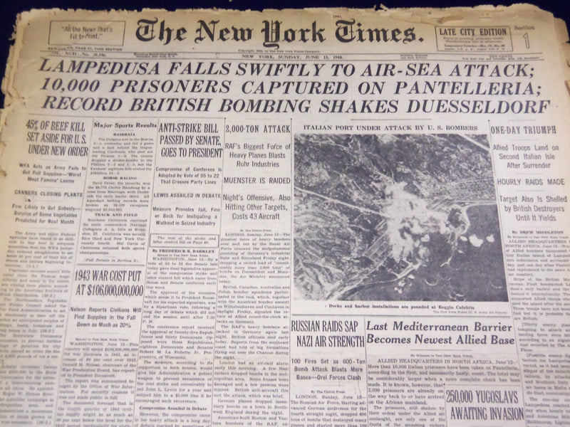 1943 JUNE 13 NEW YORK TIMES - LAMPEDUSA FALLS SWIFTLY TO AIR-SEA ATTACK - NT 966