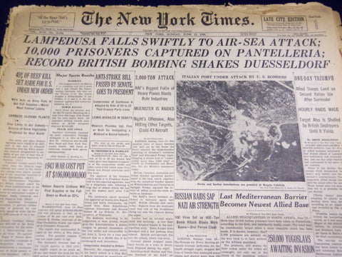 1943 JUNE 13 NEW YORK TIMES - LAMPEDUSA FALLS SWIFTLY TO AIR-SEA ATTACK - NT 966
