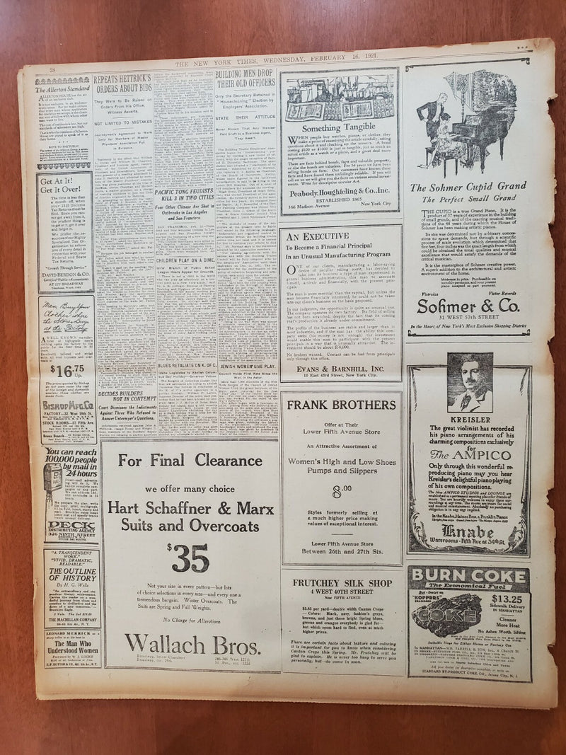 1921 FEBRUARY 16 NEW YORK TIMES - CARUSO WORSENS, OXYGEN IS GIVEN - NT 8125