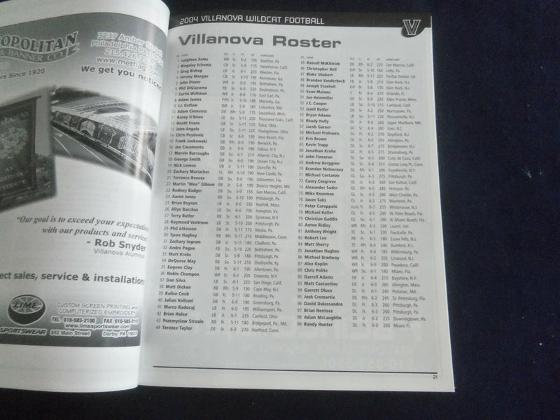 2004 SEPTEMBER 2 FOOTBALL PROGRAM - VILLANOVA UNIV VS BUCKNELL UNIV - SP 1215B
