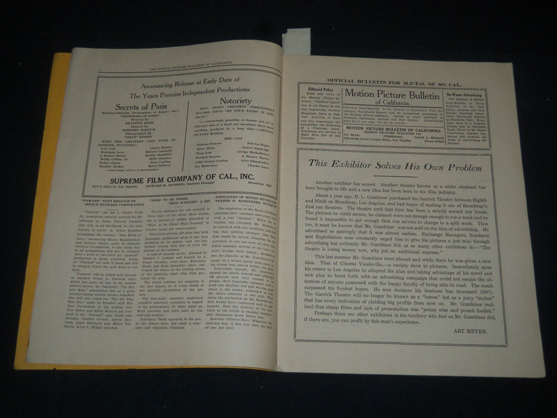 1922 NOVEMBER 9 MOTION PICTURE BULLETIN OF CALIFORNIA MAGAZINE - J 3906