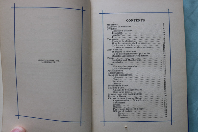 1929 BY-LAWS OF LEDGE NO. 43 HARDCOVER BOOK - LANCASTER, PENNSYLVANIA - K 3341