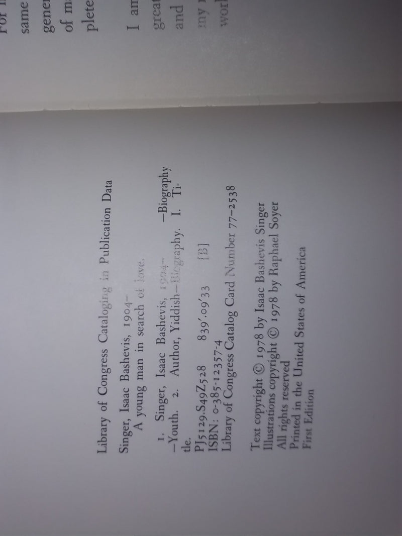1978 A YOUNG MAN IN SEARCH OF LOVE HARDCOVER BOOK-ISAAC SINGER- 1ST ED.- KD 8152
