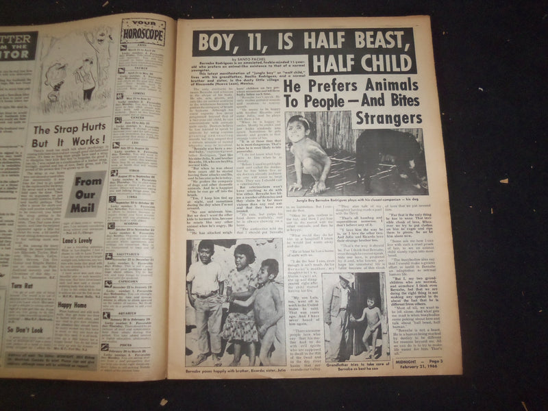 1966 FEBRUARY 21 MIDNIGHT NEWSPAPER - BOY IS HALF ANIMAL HALF HUMAN - NP 7359