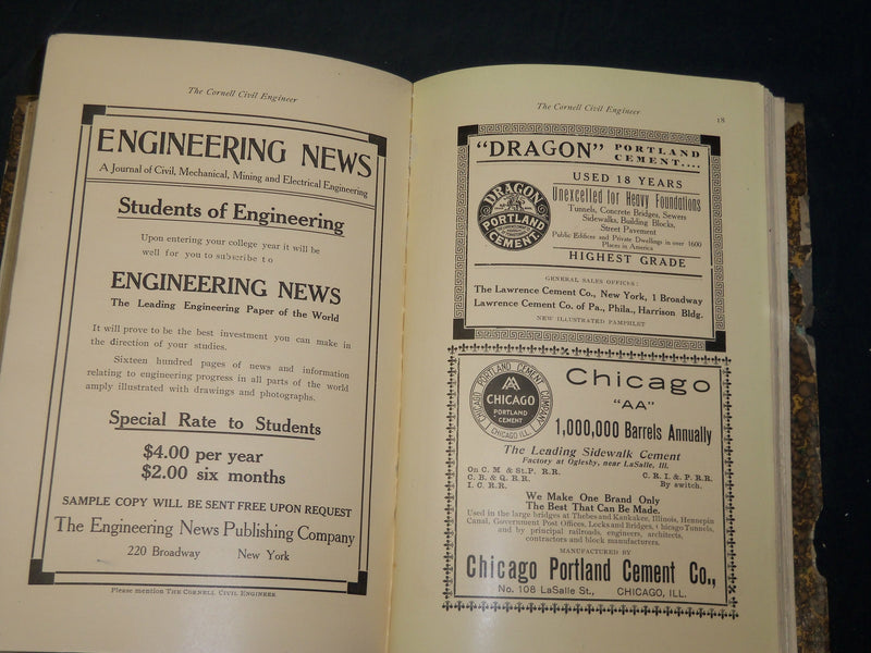 1908-1909 CORNELL CIVIL ENGINEER MAGAZINE BOUND VOLUME - KD 2756T