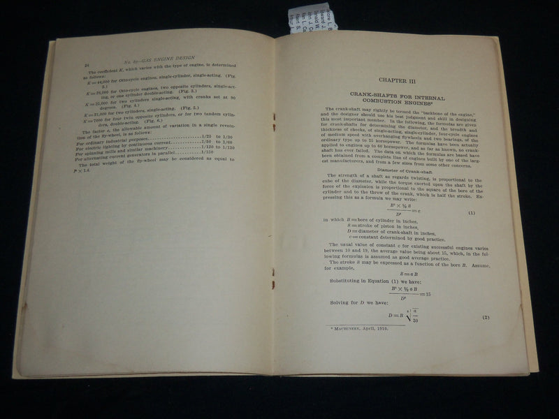 1910 MACHINERY'S FORMULAS FOR GAS ENGINE DESIGN PAMPHLET NO. 65 - J 6579