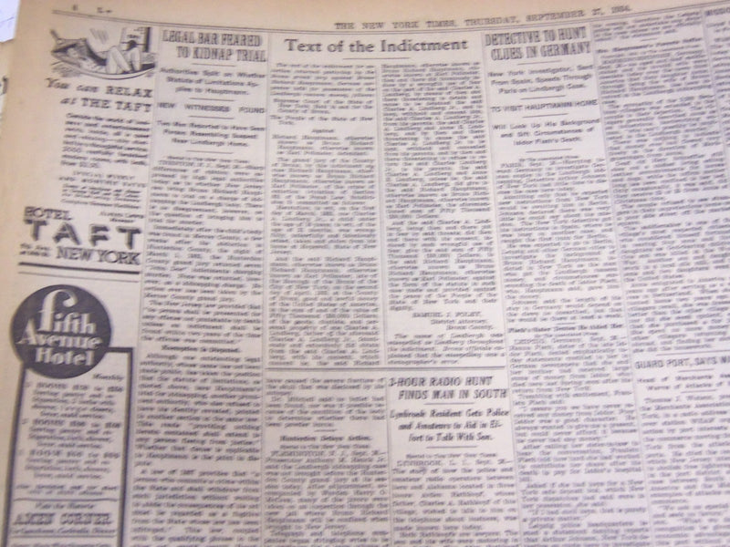 1934 SEPT 27 NEW YORK TIMES -HAUPTMANN IS INDICTED LINDBERGH TESTIFIES - NT 1614