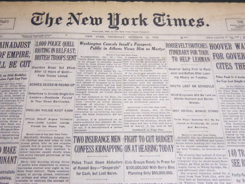 1932 OCTOBER 13 NEW YORK TIMES - WASHINGTON CANCELS INSULL'S PASSPORT - NT 6986