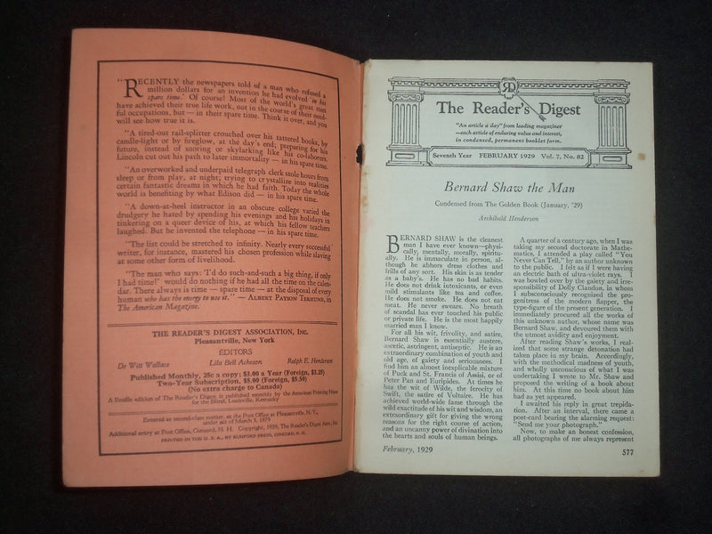 1929 FEBRUARY THE READER'S DIGEST SOFTCOVER BOOK-NUMBER 82-ORANGE COVERS- J 9925
