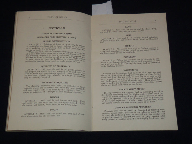1920'S BERLIN CONNECTICUT BUILDING CODE BOOKLET - K 2067