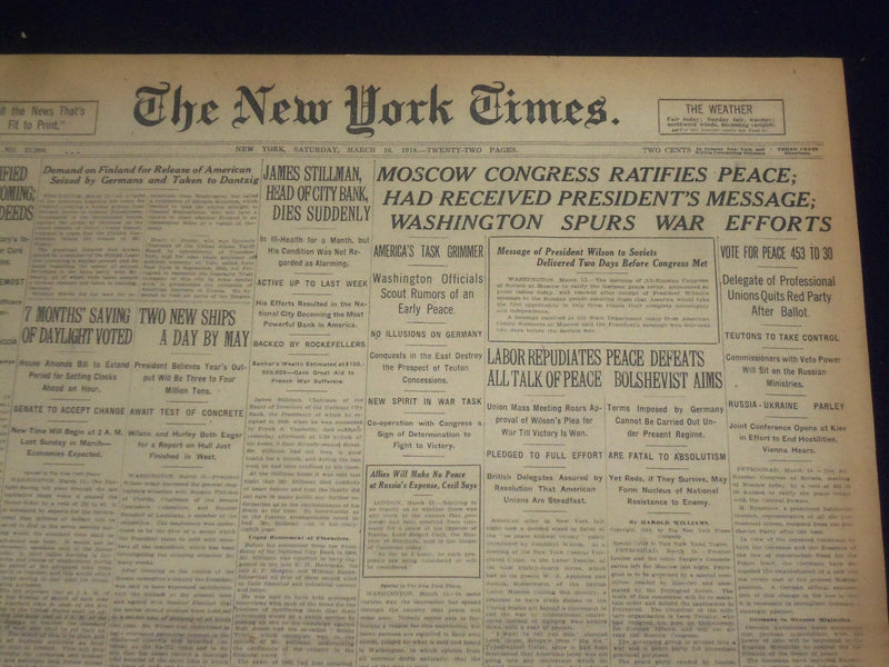 1918 MARCH 16 NEW YORK TIMES - MOSCOW CONGRESS RATIFIES PEACE - NT 8152