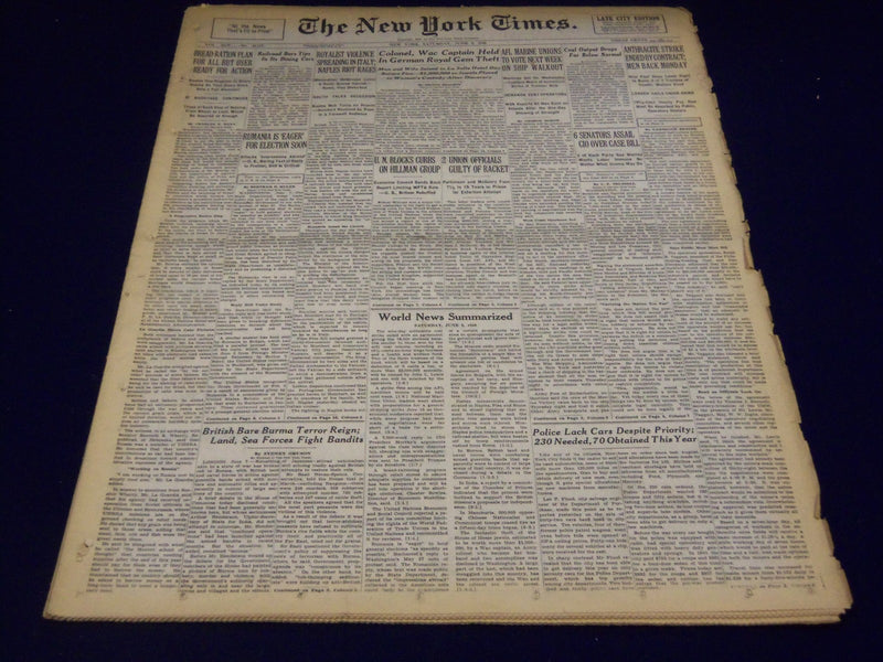 1946 JUNE 8 NEW YORK TIMES NEWSPAPER - ANTHRACITE STRIKE ENDED - NT 2697