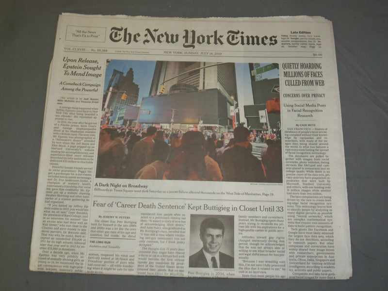 2019 JULY 14 NEW YORK TIMES - NYC POWER FAILURE - DARK NIGHT ON BROADWAY