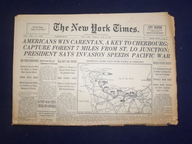 1944 JUNE 13 NEW YORK TIMES -AMERICANS WIN CARENTAN, A KEY TO CHERBOURG- NP 6566