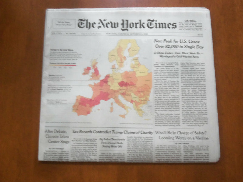 2020 OCTOBER 24 NEW YORK TIMES- NEW PEAK FOR US CASES: OVER 82,000 IN SINGLE DAY