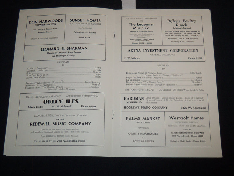 1950 APRIL 21 THE LYRIC SINGERS CONCERT PROGRAM - PHOENIX - J 8606