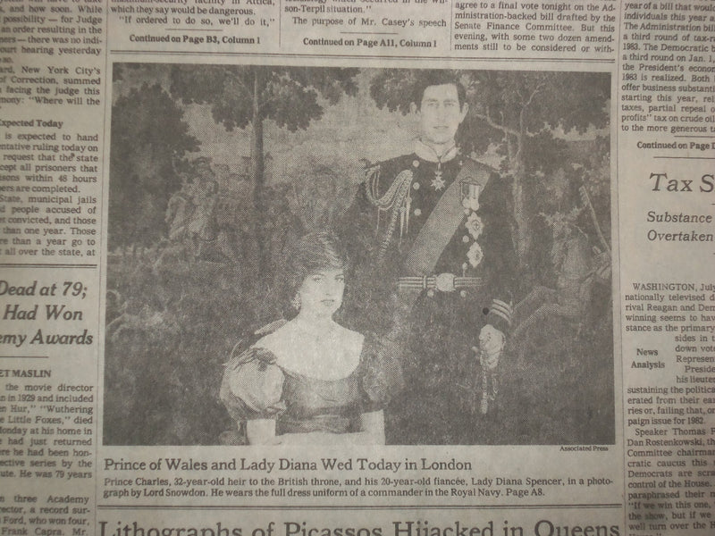 1981 JULY 29 NEW YORK TIMES NEWSPAPER - PRINCE CHARLES & DIANA TO MARRY- NP 8399