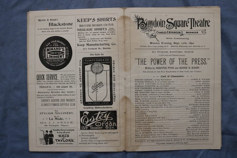 1892-1893 BOWDOIN SQUARE THEATRE PROGRAM - LOT OF 4 - BOSTON, MA - K 2608