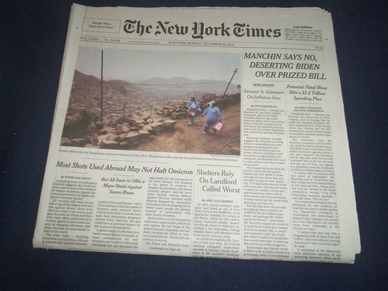 2021 DECEMBER 20 NEW YORK TIMES - MANCHIN SAYS NO, DESERTING BIDEN OVER BILL