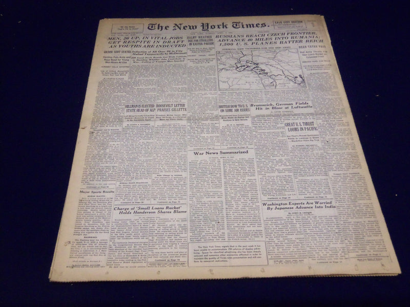 1944 APRIL 9 NEW YORK TIMES - RUSSIANS REACH CZECH FRONTIER - NT 1725
