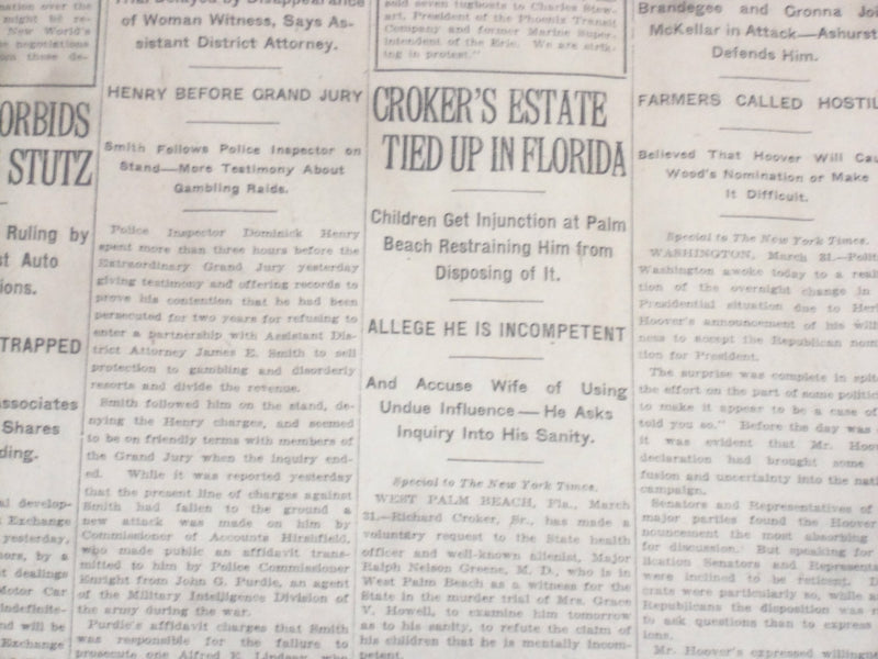 1920 APRIL 1 NEW YORK TIMES - CROKER ESTATE TIED UP IN FLORIDA - NT 8277