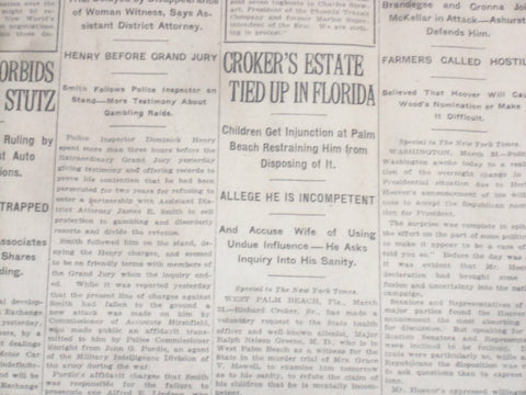 1920 APRIL 1 NEW YORK TIMES - CROKER ESTATE TIED UP IN FLORIDA - NT 8277