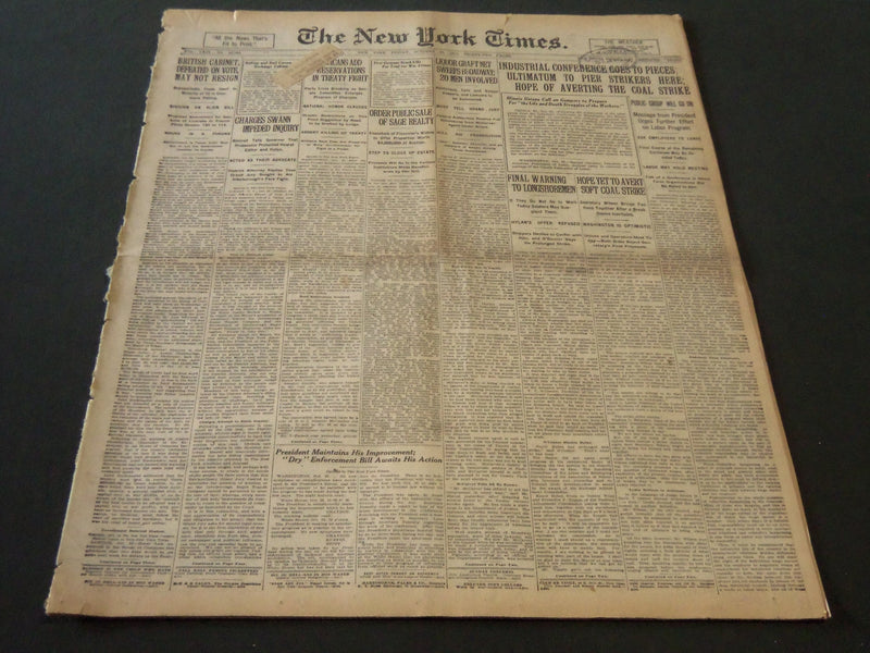 1919 OCTOBER 24 NEW YORK TIMES - INDUSTRIAL CONFERENCE GOES TO PIECES - NT 6192