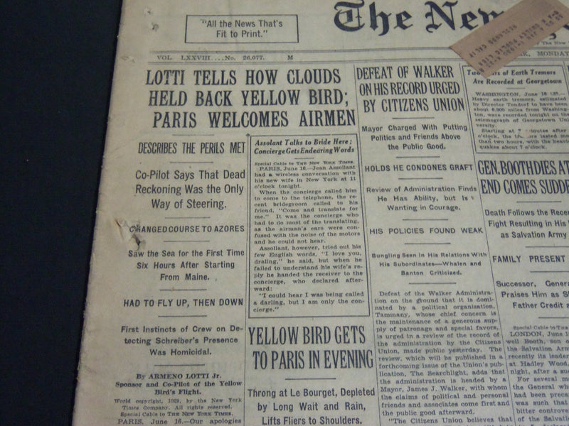 1929 JUNE 17 NEW YORK TIMES - LOTTI TELLS HOW CLOUDS HELD BACK BIRD - NT 6871