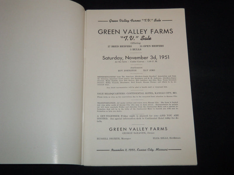 1951 GREEN VALLEY FARMS TV CATTLE SALE CATALOG - KANSAS CITY, MISSOURI - J 9114