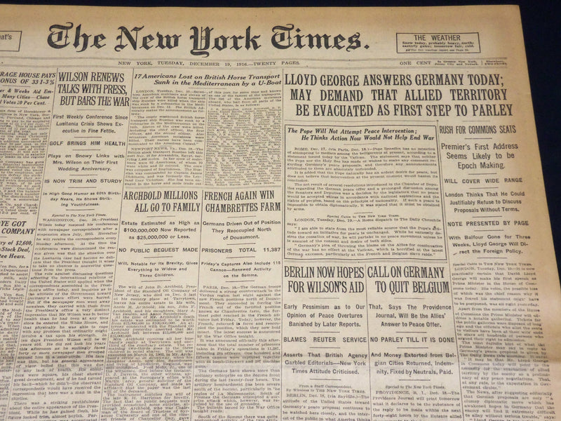 1916 DECEMBER 19 NEW YORK TIMES - ARCHBOLD MILLIONS ALL GO TO FAMILY - NT 8652