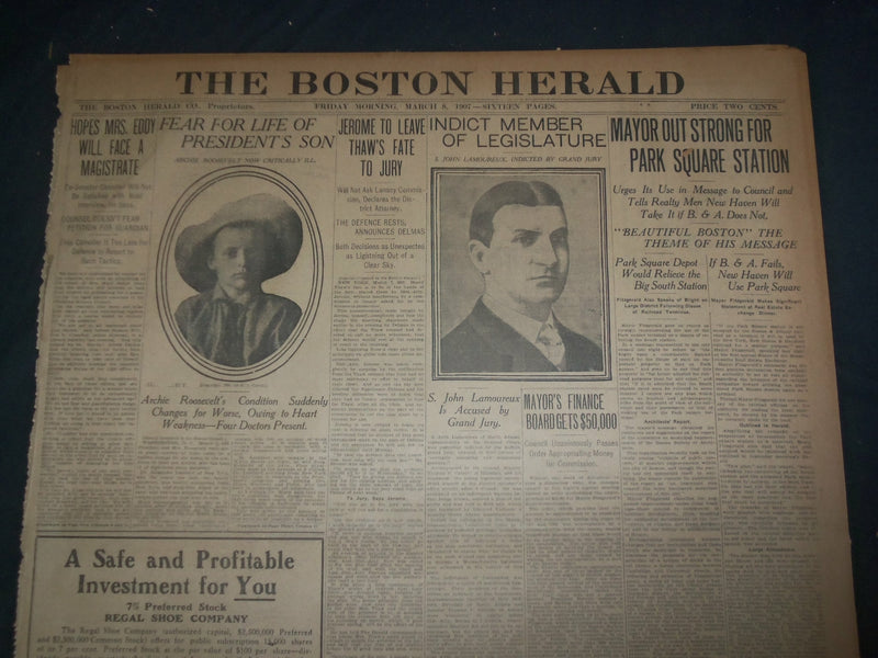1907 MARCH 8 THE BOSTON HERALD - FEAR FOR LIFE OF PRESIDENT'S SON - BH 8