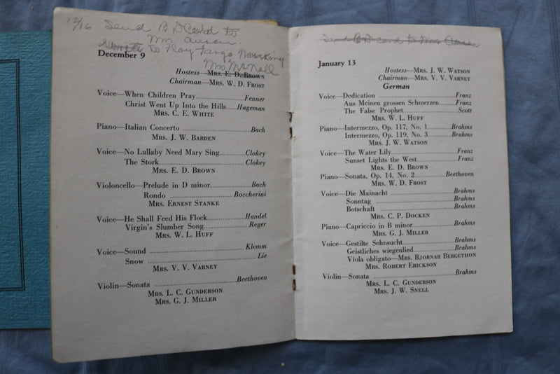 1942-1952 EUTERPE CLUB PROGRAMS - MADISON, WISCONSIN - LOT OF 9 - O 3865