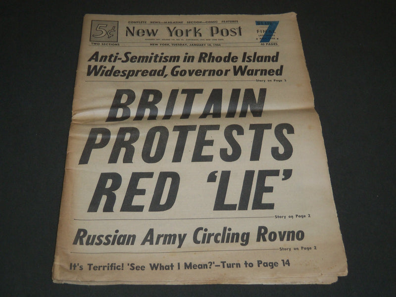 1944 JANUARY 18 NY POST NEWSPAPER - BRITAIN PROTESTS RED LIE - NP 2011