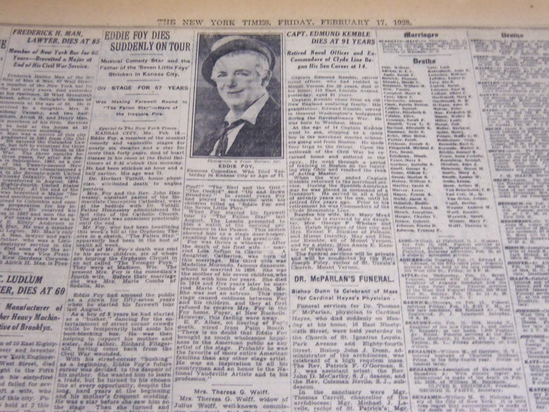 1928 FEBRUARY 17 NEW YORK TIMES - EDDIE FOY DIES SUDDENLY ON TOUR - NT 7123