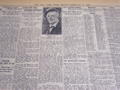 1928 FEBRUARY 17 NEW YORK TIMES - EDDIE FOY DIES SUDDENLY ON TOUR - NT 7123