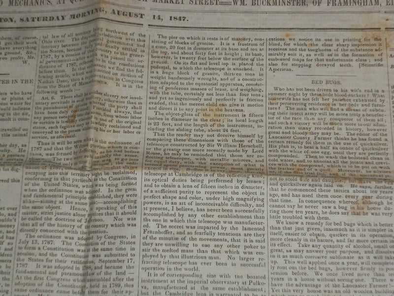 1847 AUGUST 14 MASSACHUSETTS PLOUGHMAN NEWSPAPER - CAMBRIDGE TELESCOPE - NP 5148